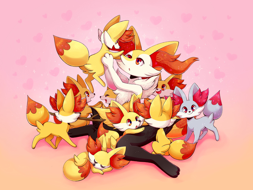 &lt;3 2018 3_fingers 3_toes ambiguous_gender anthro biped black_fur black_nose braixen canine carrying curious cute digital_drawing_(artwork) digital_media_(artwork) dipstick_tail eye_contact eyes_closed fennekin feral flufflix fur gradient_background group heart_background inner_ear_fluff large_group level_difference looking_at_another looking_at_viewer mammal multicolored_fur multicolored_tail neck_tuft nintendo nude object_in_mouth open_mouth open_smile orange_background orange_eyes pattern_background pink_background pok&eacute;mon pok&eacute;mon_(species) pseudo_clothing quadruped red_eyes red_fur shiny_pok&eacute;mon shoulder_tuft simple_background sitting size_difference sleeping smile snout standing stick toes toony tuft video_games wariza warm_colors white_fur yellow_fur