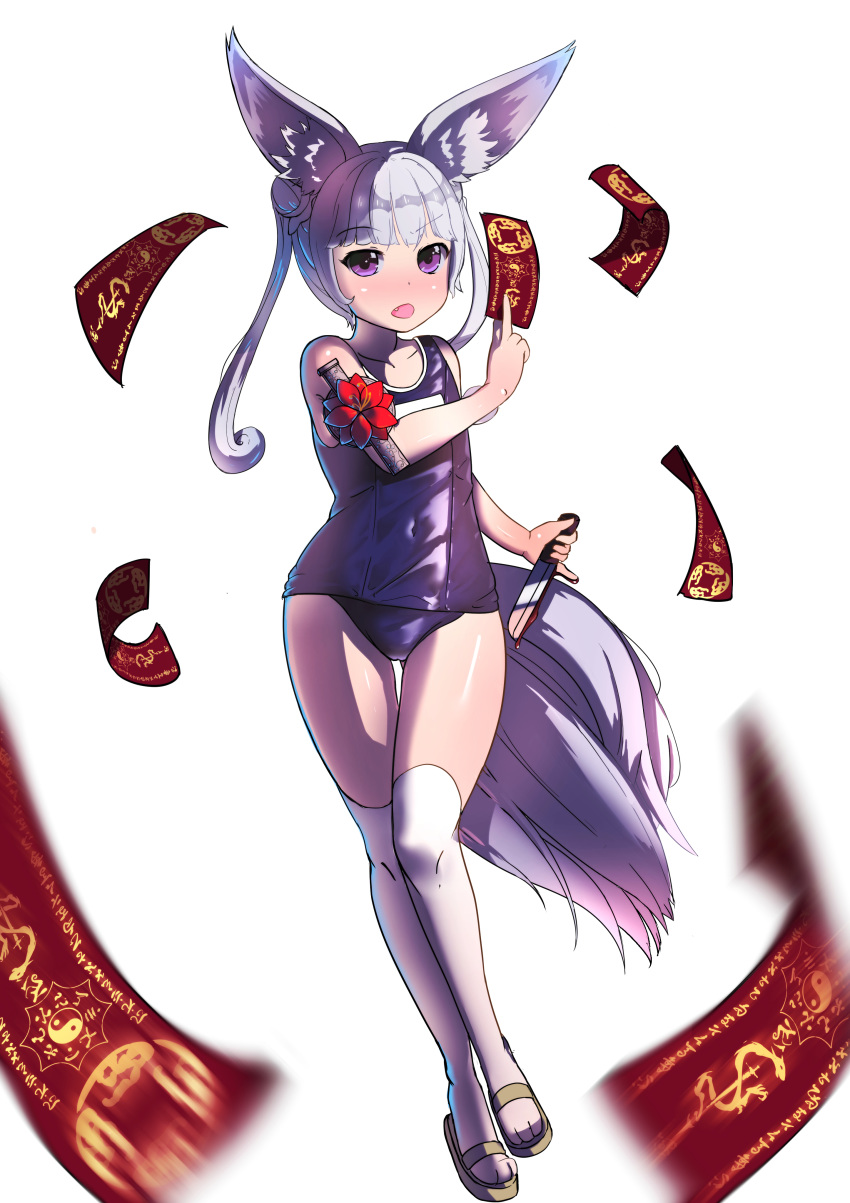 absurdres animal_ears arm_up blade_&amp;_soul blood commentary double_bun english_commentary fang fox_ears fox_tail full_body hair_bun highres knife long_hair lyn_(blade_&amp;_soul) ofuda old_school_swimsuit one-piece_swimsuit open_mouth paws purple_eyes rtyfghvbn_(rescience234) sandals school_swimsuit silver_hair simple_background solo swimsuit tail thighhighs twintails weapon white_background white_legwear