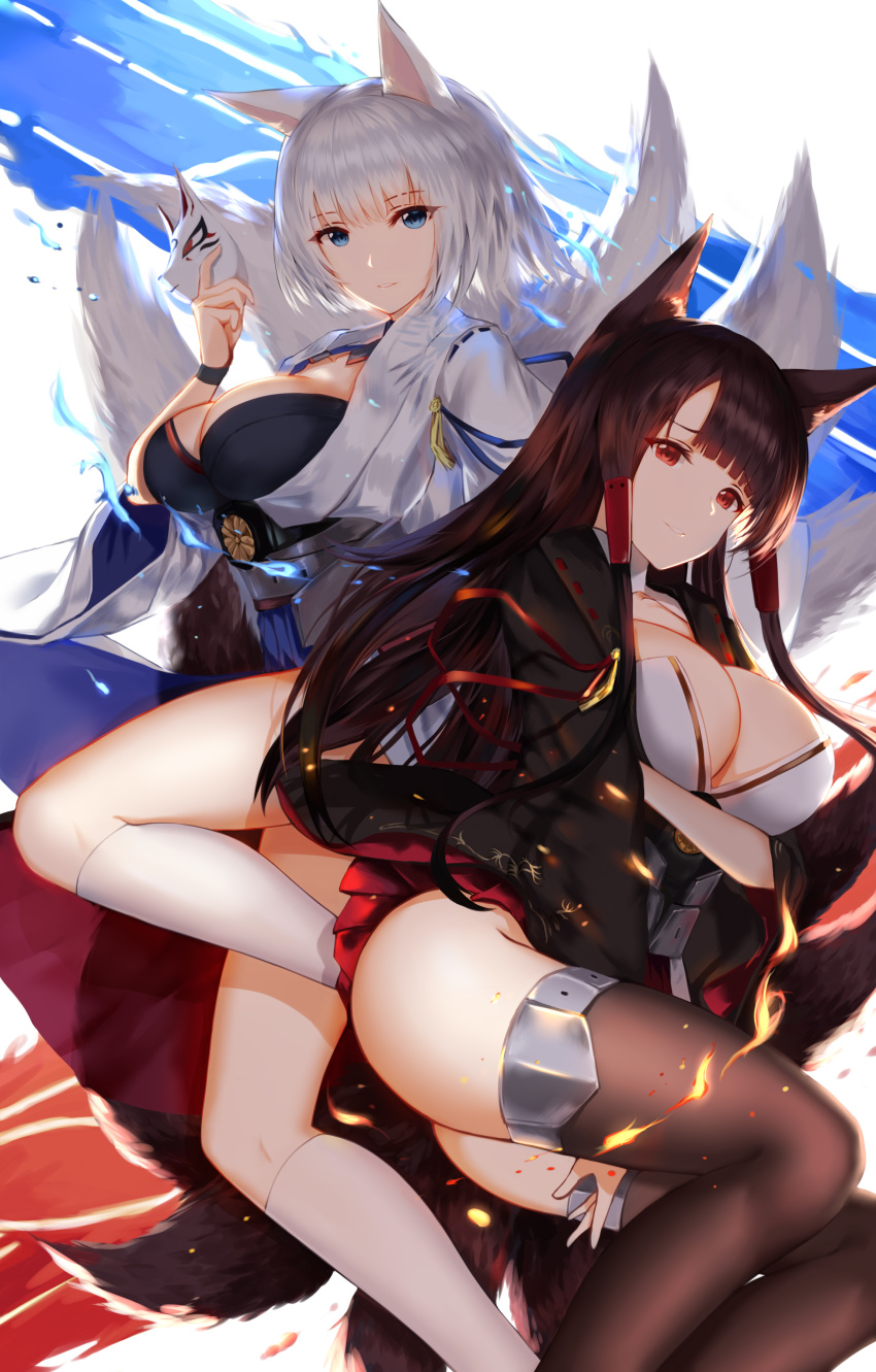 absurdres akagi_(azur_lane) animal_ears ass azur_lane bad_id bad_pixiv_id bangs black_hair black_legwear blue_eyes blue_skirt blush breasts brown_hair cleavage commentary_request eyebrows_visible_through_hair eyeshadow fire flight_deck floating_hair fox_ears fox_mask fox_tail gloves higandgk highres holding holding_mask japanese_clothes kaga_(azur_lane) kimono kneehighs large_breasts leg_up long_hair looking_at_viewer makeup mask multiple_girls multiple_tails pleated_skirt red_eyes red_skirt rigging short_hair sidelocks skirt smile tail tareme thighhighs thighs white_hair white_legwear wide_sleeves wind wind_lift wristband