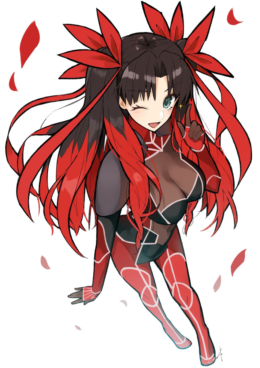 aqua_eyes bangs black_bodysuit blush bodysuit bow breasts brown_hair cleavage commentary_request cosplay elbow_gloves fate/extra fate_(series) full_body gloves hair_bow hand_gesture highres index_finger_raised lancer lancer_(cosplay) large_breasts long_hair long_sleeves looking_at_viewer multicolored multicolored_bodysuit multicolored_clothes multicolored_hair one_eye_closed open_mouth parted_bangs pauldrons red_bodysuit red_bow red_hair red_petals simple_background skin_tight smile standing tied_hair toosaka_rin toosaka_rin_(lancer) two-tone_hair two_side_up utayoi_(umakatare) white_background
