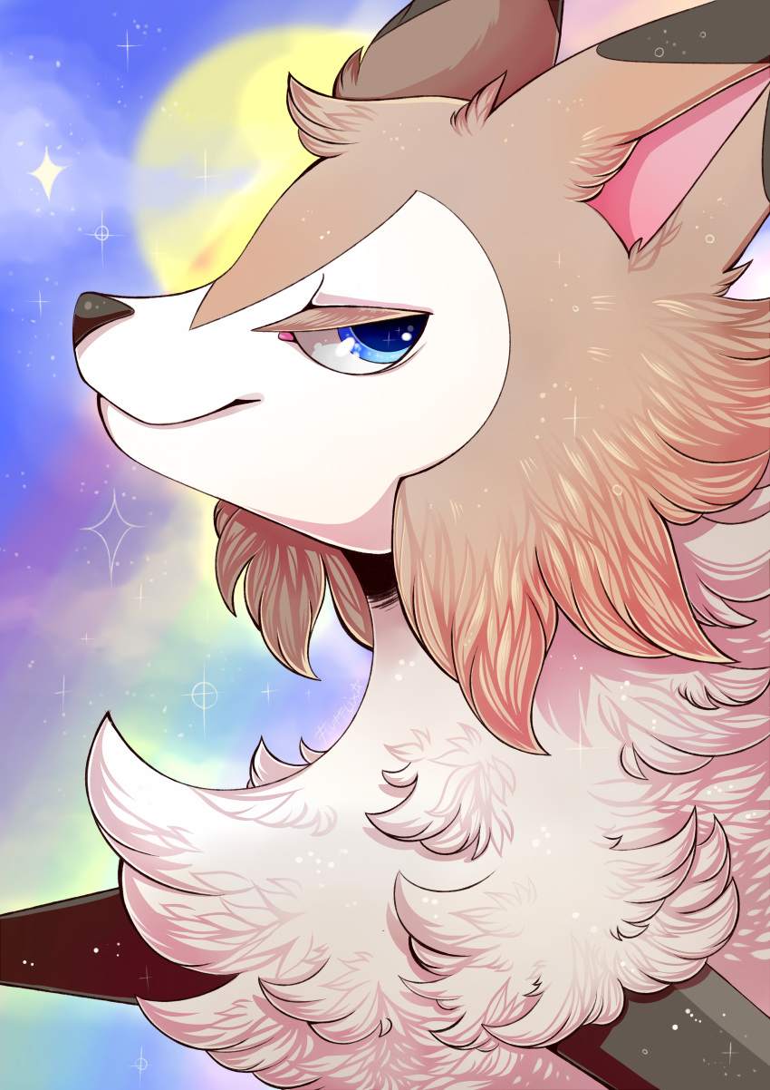 2018 absurd_res ambiguous_form ambiguous_gender bedroom_eyes black_nose blue_eyes brown_fur bust_portrait canine cheek_tuft cloud digital_drawing_(artwork) digital_media_(artwork) dipstick_ears eyelashes flufflix fur half-closed_eyes head_tuft hi_res icon long_eyelashes looking_aside looking_away lycanroc mammal midday_lycanroc multicolored_fur neck_tuft nintendo pok&eacute;mon pok&eacute;mon_(species) portrait rainbow seductive side_view sky smile snout solo sparkle spikes sun tan_fur toony tuft video_games white_fur