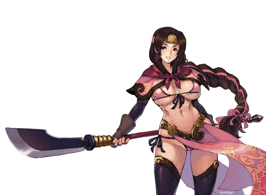 1girl braid breasts brown_hair large_breasts long_hair navel revealing_clothes seong_mi-na smile soul_calibur soulcalibur_vi thighhighs underboob