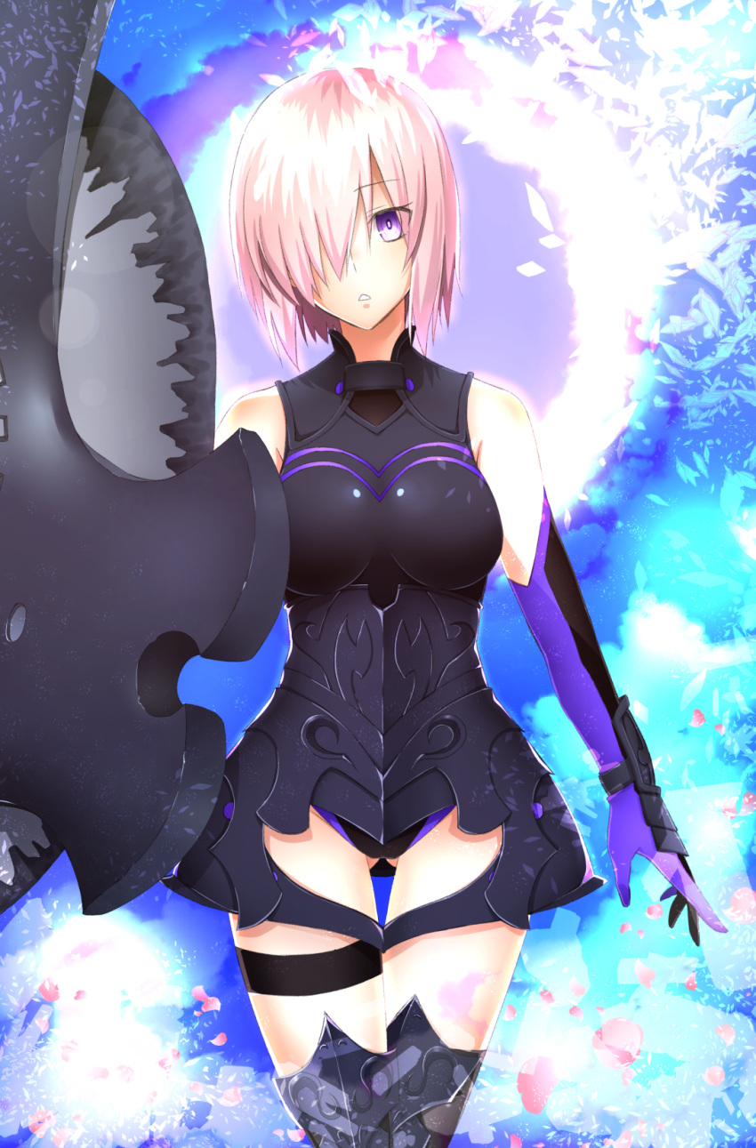 armor armored_boots armored_leotard ass_visible_through_thighs black_leotard boots breasts breasts_apart cowboy_shot elbow_gloves eyebrows_visible_through_hair fate/grand_order fate_(series) gloves hair_over_one_eye highres large_breasts leotard looking_at_viewer mash_kyrielight nakoya_(nane_cat) parted_lips pink_hair purple_eyes purple_gloves shield shiny shiny_clothes short_hair solo standing thigh_boots thigh_gap thighhighs