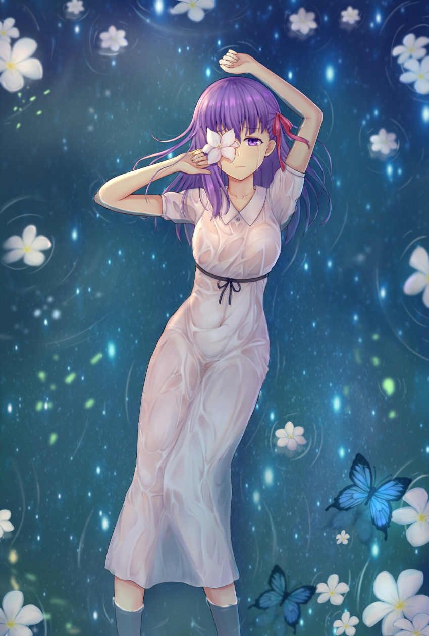 arms_up bad_id bad_pixiv_id bangs breasts bug butterfly closed_mouth collarbone collared_dress covered_navel crying crying_with_eyes_open dress eyebrows_visible_through_hair fate/stay_night fate_(series) flower flower_on_liquid from_above hair_between_eyes hair_ribbon half-closed_eye half-closed_eyes highres hokori_sakuni insect light_particles long_dress long_hair looking_at_viewer lying matou_sakura medium_breasts on_back one_eye_covered purple_eyes purple_hair red_ribbon ribbon ripples sash shiny shiny_hair short_sleeves sidelocks solo tears water wet wet_clothes wet_dress white_flower