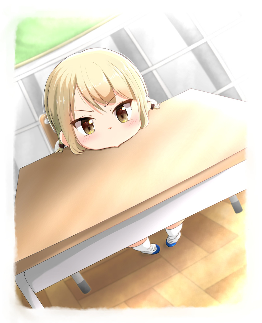 absurdres angry bangs blonde_hair blush child desk highres ichii_yui looking_at_viewer low_twintails mokonekosan pout school_desk shoes short_hair sitting socks solo twintails white_legwear wooden_floor yellow_eyes younger yuyushiki