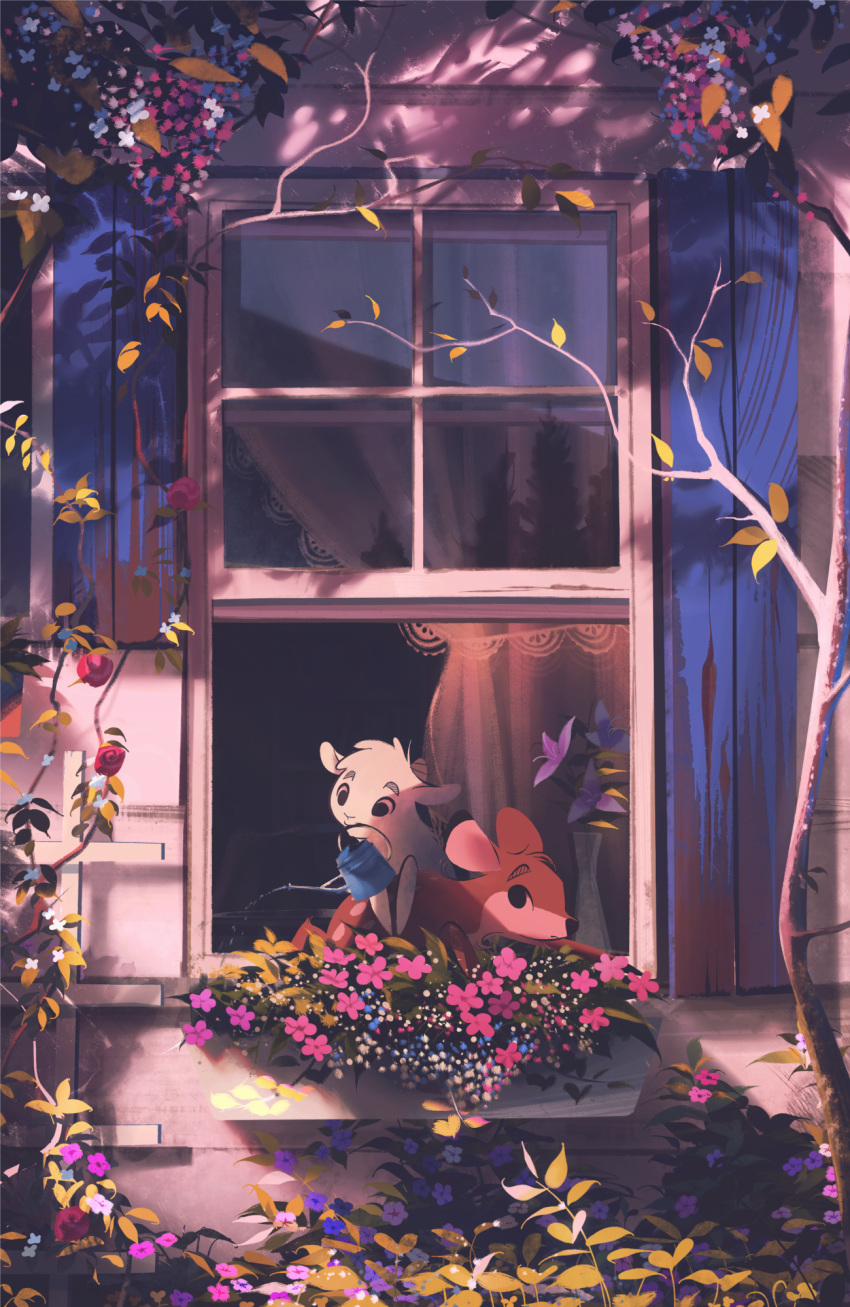 danfango deer flower flower_box goat highres mouth_hold no_humans open_window original outdoors scenery tree vase watering watering_can window windowsill