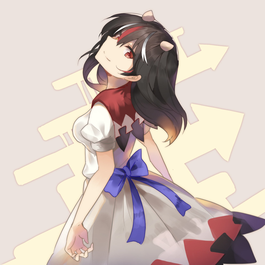 bangs beige_background black_hair blue_bow bow breasts commentary_request cowboy_shot dress eyebrows_visible_through_hair from_behind hair_between_eyes head_tilt highres horns kijin_seija long_hair looking_at_viewer looking_back medium_breasts multicolored_hair puffy_short_sleeves puffy_sleeves red_eyes red_hair red_sailor_collar rin_falcon sailor_collar short_sleeves simple_background smile solo standing streaked_hair touhou white_dress white_hair