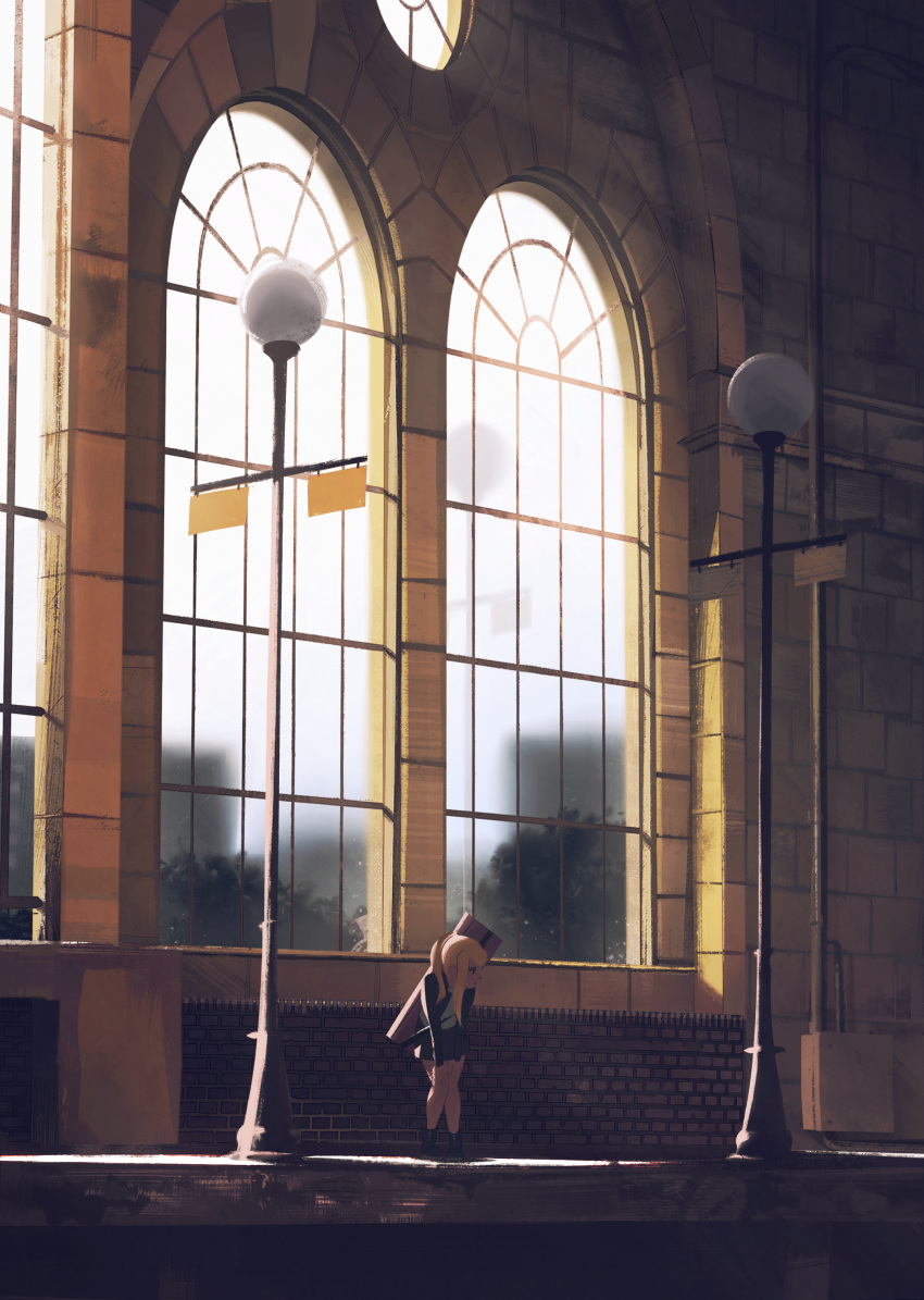 blue_jacket bush danfango fullmetal_alchemist hands_on_own_knees highres jacket lamppost landscape leaning_forward looking_afar ponytail scenery sidelocks skirt standing train_station window winry_rockbell