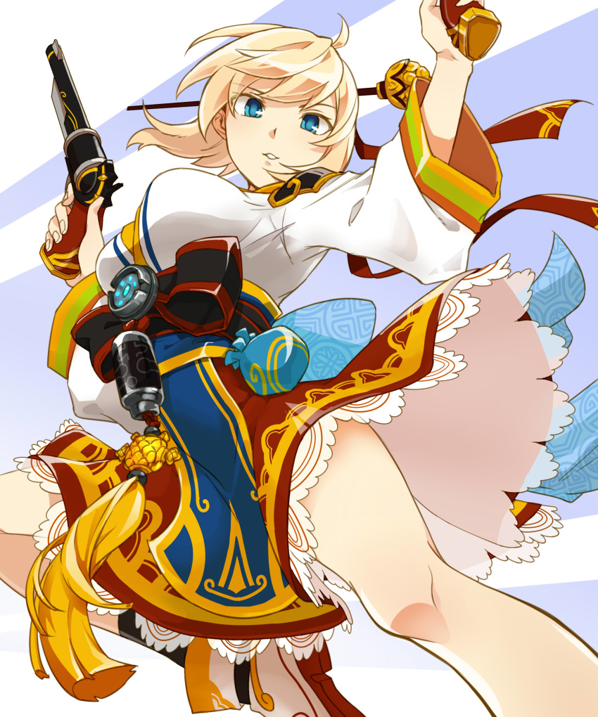 absurdres bangs breasts dual_wielding elsword eyebrows_visible_through_hair gun hair_between_eyes hair_ornament handgun highres hiraijin holding holding_weapon jamming_(elsword) large_breasts looking_at_viewer open_mouth revolver rose_(elsword) simple_background solo traditional_clothes weapon