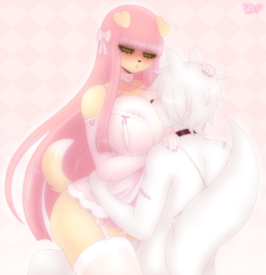 blush breasts canid canine canis clothing domestic_dog female fox fur hair hug lingerie long_hair lucille_lilac male mammal pink_hair razplus scar white_fur