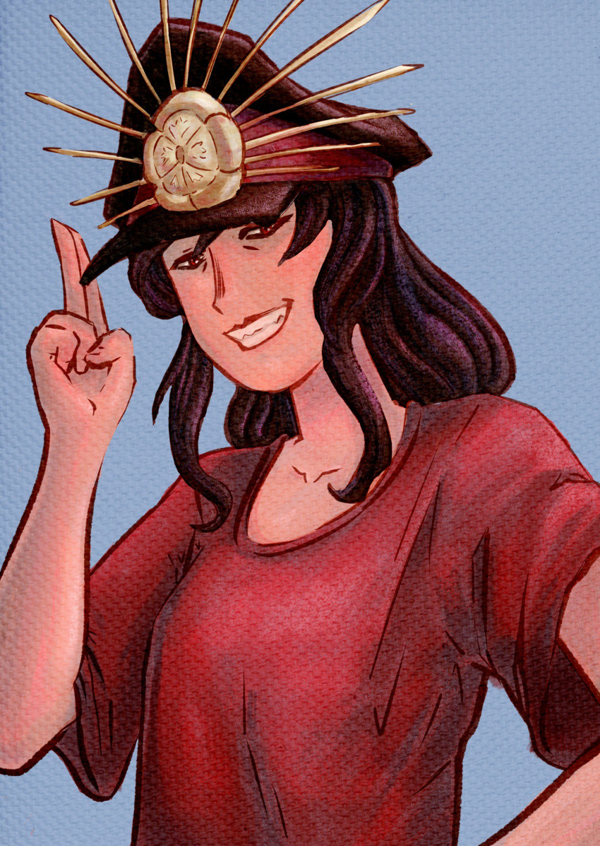 bangs black_hair black_hat commentary cuppazhespresso english_commentary fate/grand_order fate_(series) hair_between_eyes hat hat_ornament highres long_hair oda_nobunaga_(fate) oda_nobunaga_(swimsuit_berserker)_(fate) peaked_cap red_eyes red_shirt salute shirt smile solo t-shirt two-finger_salute