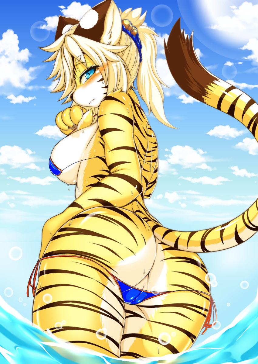 2018 4_fingers anthro barely_visible_genitalia bikini blonde_hair blue_eyes blue_sky blush breasts brown_stripes butt clothing feline female fur hair hi_res looking_at_viewer looking_back low-angle_view mammal megane_inu outside partially_submerged portrait pussy rear_view seaside sky solo string_bikini striped_fur stripes subtle_pussy swimsuit three-quarter_portrait tiger water wet zhang_fei_(fullbokko_heroes)