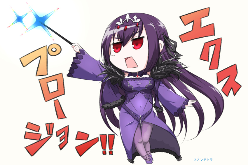 arm_up background_text bangs breasts commentary_request covered_navel dress eyebrows_visible_through_hair fate/grand_order fate_(series) feather_trim fur-trimmed_dress fur_trim hair_between_eyes highres holding holding_wand large_breasts long_hair long_sleeves neon-tetora open_mouth pantyhose purple_dress purple_footwear purple_hair purple_legwear red_eyes scathach_(fate)_(all) scathach_skadi_(fate/grand_order) shoes simple_background solo standing tiara translated v-shaped_eyebrows very_long_hair wand white_background wide_sleeves