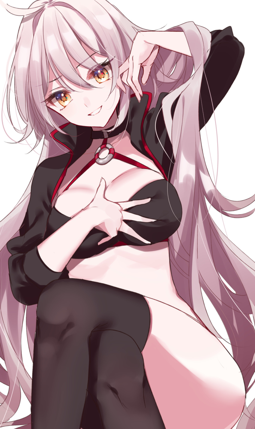 ahoge arm_up bangs bikini_top black_bikini_top black_choker black_jacket black_legwear blush breasts brown_eyes brown_hair choker collarbone commentary_request cropped_jacket crossed_legs eyebrows_visible_through_hair fate/grand_order fate_(series) hair_between_eyes hand_in_hair hand_on_own_chest head_tilt highres jacket jeanne_d'arc_(alter_swimsuit_berserker) jeanne_d'arc_(fate)_(all) leaning_to_the_side long_hair long_sleeves looking_at_viewer medium_breasts misumi_(macaroni) o-ring o-ring_bikini o-ring_top parted_lips shrug_(clothing) simple_background sitting smile solo swimsuit thighhighs thighs very_long_hair white_background