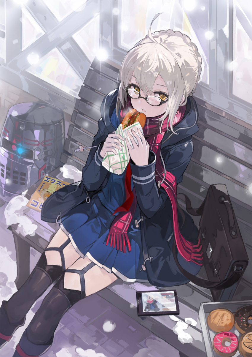 ahoge andrian_gilang artoria_pendragon_(all) bench black-framed_eyewear black_coat black_legwear blue_shirt blue_skirt braid cellphone coat commentary_request doughnut fate/grand_order fate_(series) food fringe_trim garter_straps glasses highres holding holding_food hood hood_down hooded_coat looking_at_viewer mysterious_heroine_x_(alter) on_bench open_clothes open_coat orange_eyes park_bench parted_lips pastry_box phone plaid plaid_scarf pleated_skirt red_scarf scarf school_briefcase semi-rimless_eyewear shirt sidelocks silver_hair sitting sitting_on_bench skirt smartphone snow solo thighhighs under-rim_eyewear