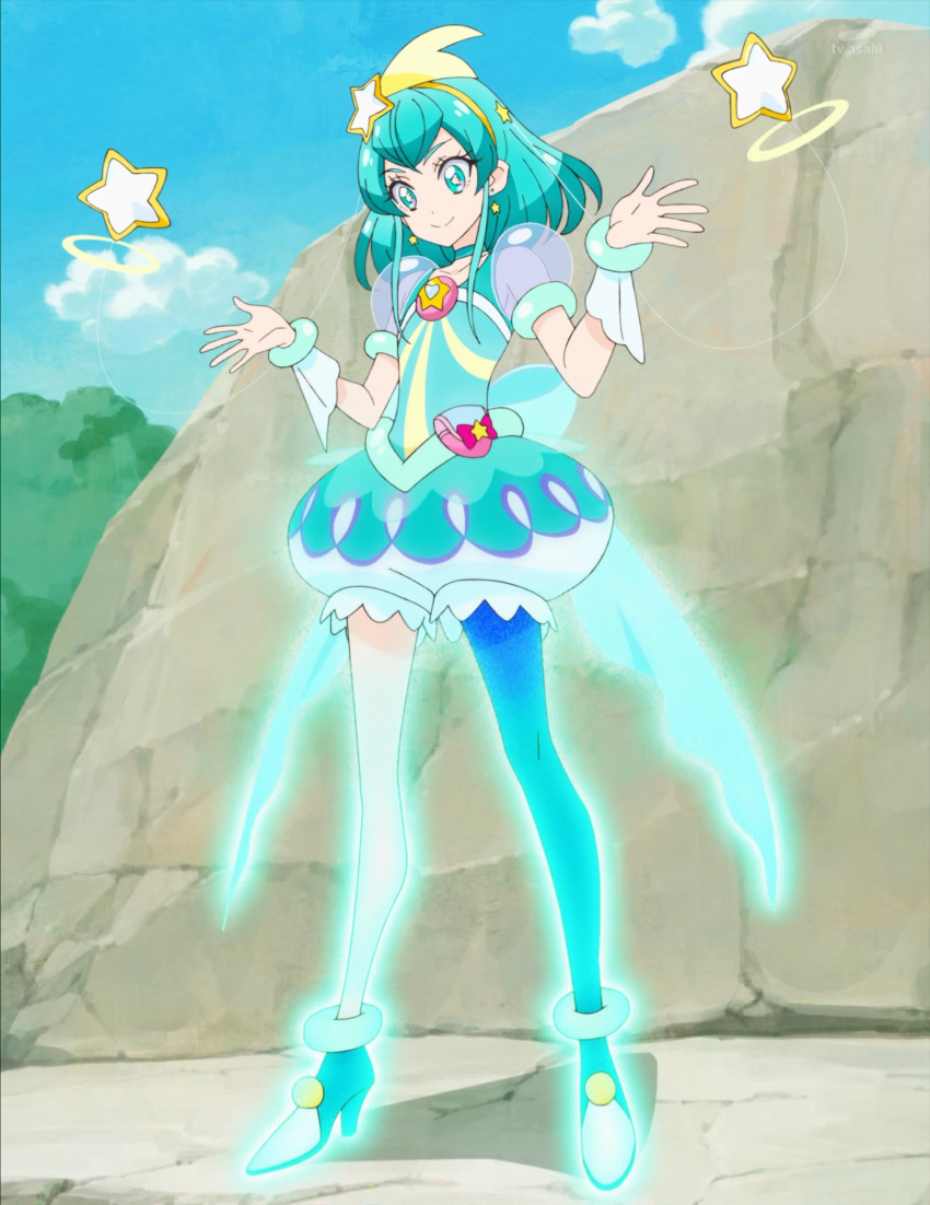 1girl absurdres aqua_eyes aqua_hair boots cure_milky highres precure screencap short_hair star_twinkle_precure stitched thigh_boots thighhighs third-party_edit