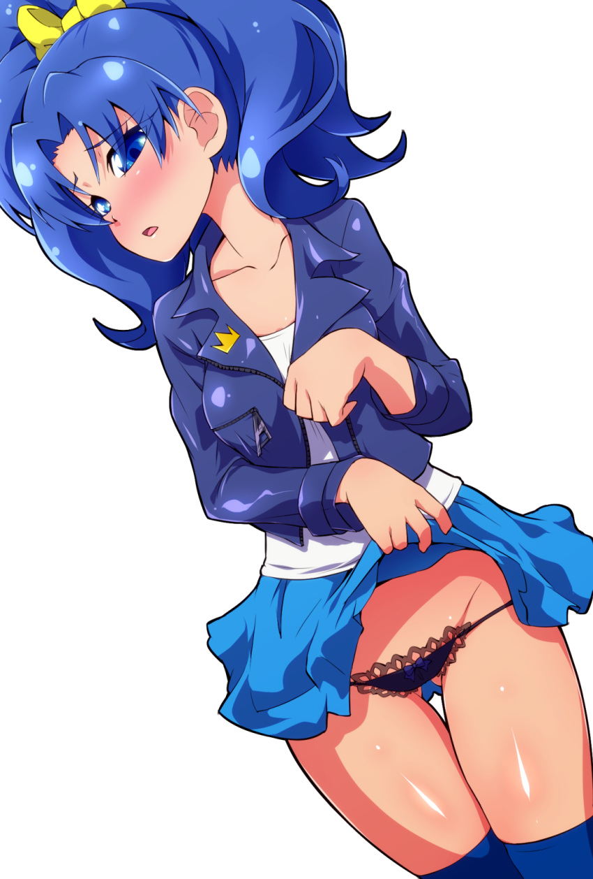ass_visible_through_thighs black_panties blue_eyes blue_hair blue_jacket blush commentary_request embarrassed highres jacket kirakira_precure_a_la_mode leather leather_jacket long_hair looking_at_viewer open_mouth panties precure ryuuta_(cure_ryuuta) shiny shiny_hair shiny_skin simple_background skirt skirt_lift solo tategami_aoi underwear white_background