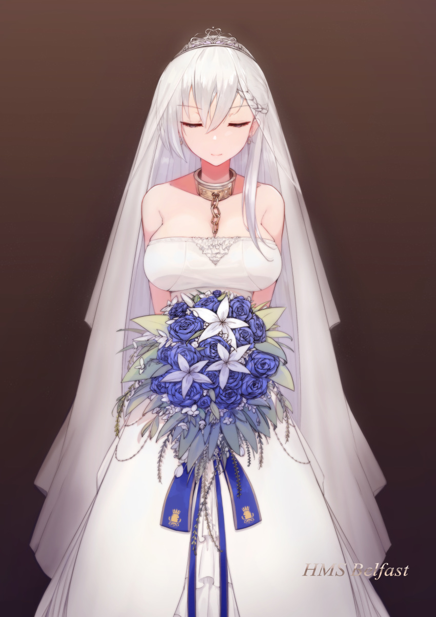 absurdres alternate_costume azur_lane bangs bare_shoulders belfast_(azur_lane) blush bouquet braid breasts bride chain character_name cleavage closed_eyes closed_mouth collar collarbone commentary_request dress earrings eyebrows_visible_through_hair flower french_braid gloves gradient gradient_background highres holding holding_bouquet jewelry large_breasts long_hair maid sidelocks silver_hair simple_background smile solo strapless strapless_dress tiara wedding_dress white_dress white_gloves yukineko