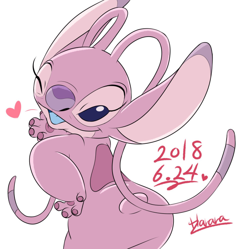 &lt;3 2018 4_fingers alien angel_(lilo_and_stitch) antennae back_markings blowing_kiss blue_mouth blue_tongue butt butt_pose claws digital_drawing_(artwork) digital_media_(artwork) disney experiment_(species) eyelashes fur hand_on_hip harara hi_res lilo_and_stitch looking_at_viewer looking_back markings one_eye_closed open_mouth open_smile pawpads pink_fur pose purple_claws purple_eyes purple_nose purple_pawpads signature simple_background small_tail smile solo white_background wink