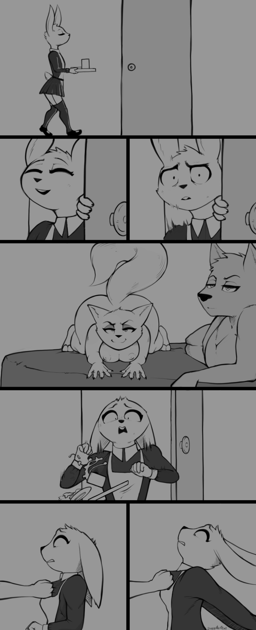 anthro canine clothed clothing comic doggomeatball female fox fully_clothed lagomorph mammal monochrome nude rabbit