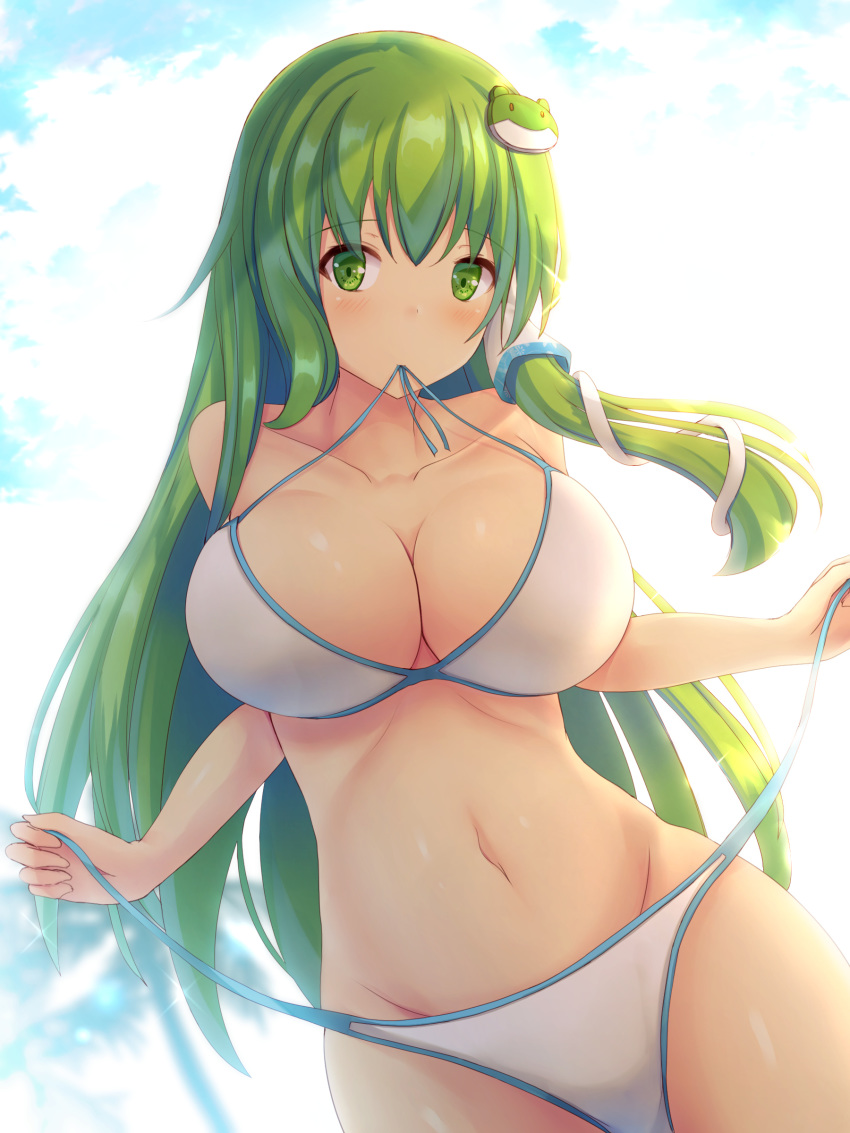 absurdres alternate_costume bare_shoulders bikini bikini_in_mouth breasts cleavage collarbone commentary_request contemporary cowboy_shot frog frog_hair_ornament green_eyes green_hair groin hair_ornament hair_tubes highres kochiya_sanae large_breasts liya long_hair looking_at_viewer mouth_hold navel side-tie_bikini snake snake_hair_ornament solo stomach swimsuit touhou untied untied_bikini white_bikini