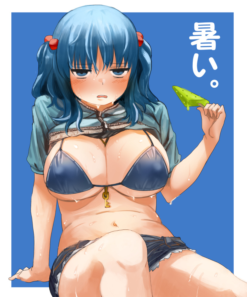 belly bikini bikini_top bikini_under_clothes blue_background blue_bikini_top blue_hair blush breasts commentary eyebrows eyebrows_visible_through_hair fat_folds food hair_bobbles hair_ornament highres huge_breasts jacket jacket_lift kawashiro_nitori key melting navel okbnkn open_mouth popsicle round_teeth short_shorts shorts simple_background sitting solo sweat sweatdrop sweating_profusely swimsuit swimsuit_under_clothes teeth text_focus thighs touhou translated two_side_up