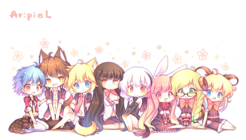 :d animal_ears bangs bare_shoulders barefoot black_dress black_hair black_jacket black_shorts blonde_hair blue_eyes blue_hair blush braid breasts brown-framed_eyewear brown_hair brown_pants brown_skirt bunny_ears chibi cleavage closed_mouth collarbone collared_shirt commentary_request curled_horns detached_sleeves dog_ears dress eyebrows_visible_through_hair fox_ears fox_girl fox_tail glasses green_eyes hair_between_eyes horns jacket large_breasts long_hair long_sleeves medium_breasts multicolored_hair multiple_girls necktie open_clothes open_jacket open_mouth orange_eyes original pants pink_hair pink_neckwear pleated_skirt red_eyes red_jacket sakurato_ototo_shizuku seiza sheep_horns shirt short_shorts short_sleeves shorts side_braid silver_hair single_braid sitting skirt sleeveless sleeveless_shirt smile streaked_hair striped tail very_long_hair white_pants white_shirt