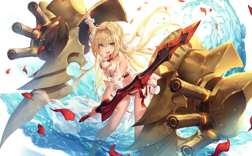 :d absurdres aestus_estus ahoge bangs bikini blonde_hair blush braid breasts cleavage criss-cross_halter day eyebrows_visible_through_hair fate/grand_order fate_(series) floating_hair godoju green_eyes hair_intakes hair_ribbon halterneck highres holding holding_sword holding_weapon large_breasts leaning_forward light_particles long_hair looking_at_viewer machinery medium_breasts nero_claudius_(fate)_(all) nero_claudius_(swimsuit_caster)_(fate) open_mouth outdoors petals ribbon see-through sidelocks smile solo splashing striped striped_bikini swimsuit sword thighs very_long_hair wading water weapon wind wind_lift