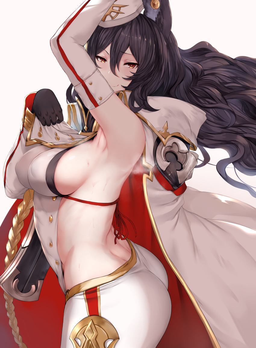 absurdres animal_ears arched_back arm_up armpits ass black_gloves black_hair breasts brown_eyes cape detached_sleeves erune from_side gloves granblue_fantasy hair_between_eyes hews_hack highres huge_filesize ilsa_(granblue_fantasy) long_hair looking_at_viewer looking_to_the_side medium_breasts paid_reward patreon_reward sideboob simple_background smile solo sweat white_background