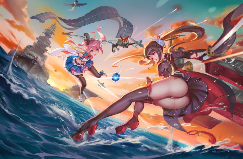 absurdres aircraft aircraft_carrier airplane ass azur_lane battleship bismarck boots bow breasts brown_hair cannon cape commentary_request crop_top f6f_hellcat god_hunter hair_bow haruna_(azur_lane) highres horns katana large_breasts legs long_legs midriff military military_vehicle multiple_girls navel ocean panties pantyhose pantyshot pink_eyes pink_hair plaid plaid_skirt red_eyes remodel_(azur_lane) saratoga_(azur_lane) ship skirt skirt_lift small_breasts staff sunset sword thigh_boots thighhighs thighs twintails underwear warship watercraft weapon wind wind_lift