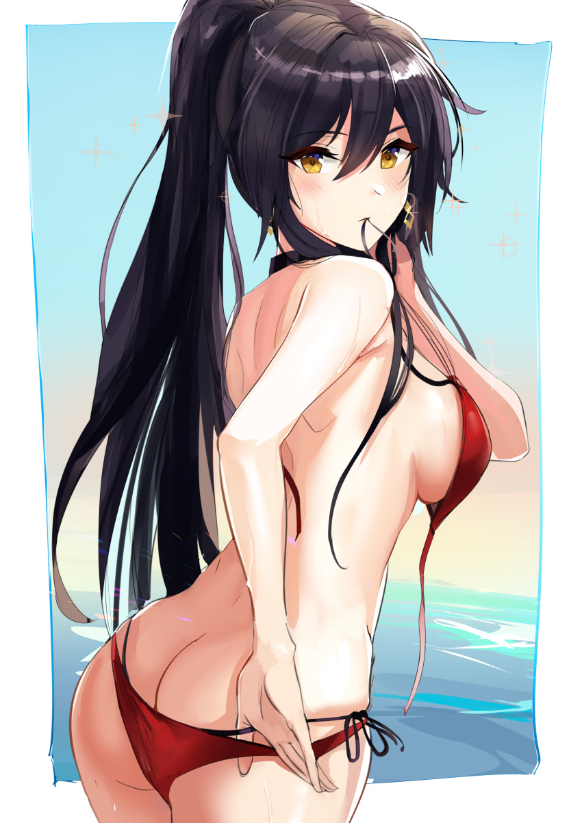 absurdres ass bangs bikini black_hair blush breasts closed_mouth commentary_request earrings hair_between_eyes high_ponytail highres hips idolmaster idolmaster_shiny_colors jewelry large_breasts long_hair looking_at_viewer ormille ponytail red_bikini shirase_sakuya sideboob swimsuit thighs untied untied_bikini yellow_eyes