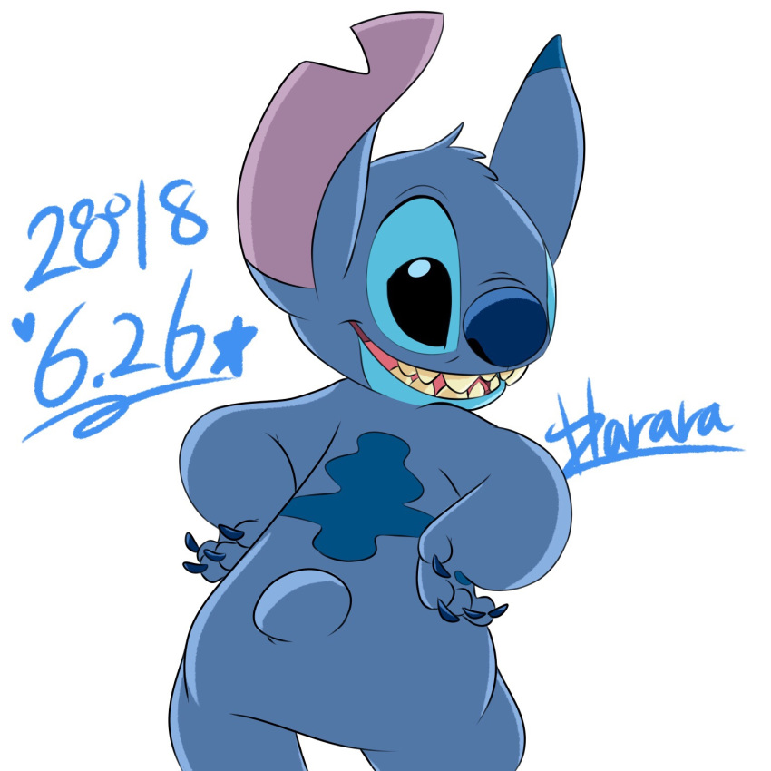 2018 4_fingers alien back_markings black_eyes blue_claws blue_fur blue_nose blue_pawpads butt butt_pose claws digital_drawing_(artwork) digital_media_(artwork) disney experiment_(species) fur hands_on_hips harara head_tuft hi_res hidden_mickey lilo_and_stitch looking_at_viewer looking_back markings notched_ear open_mouth open_smile pawpads pose rear_view signature simple_background small_tail smile solo star stitch tuft white_background