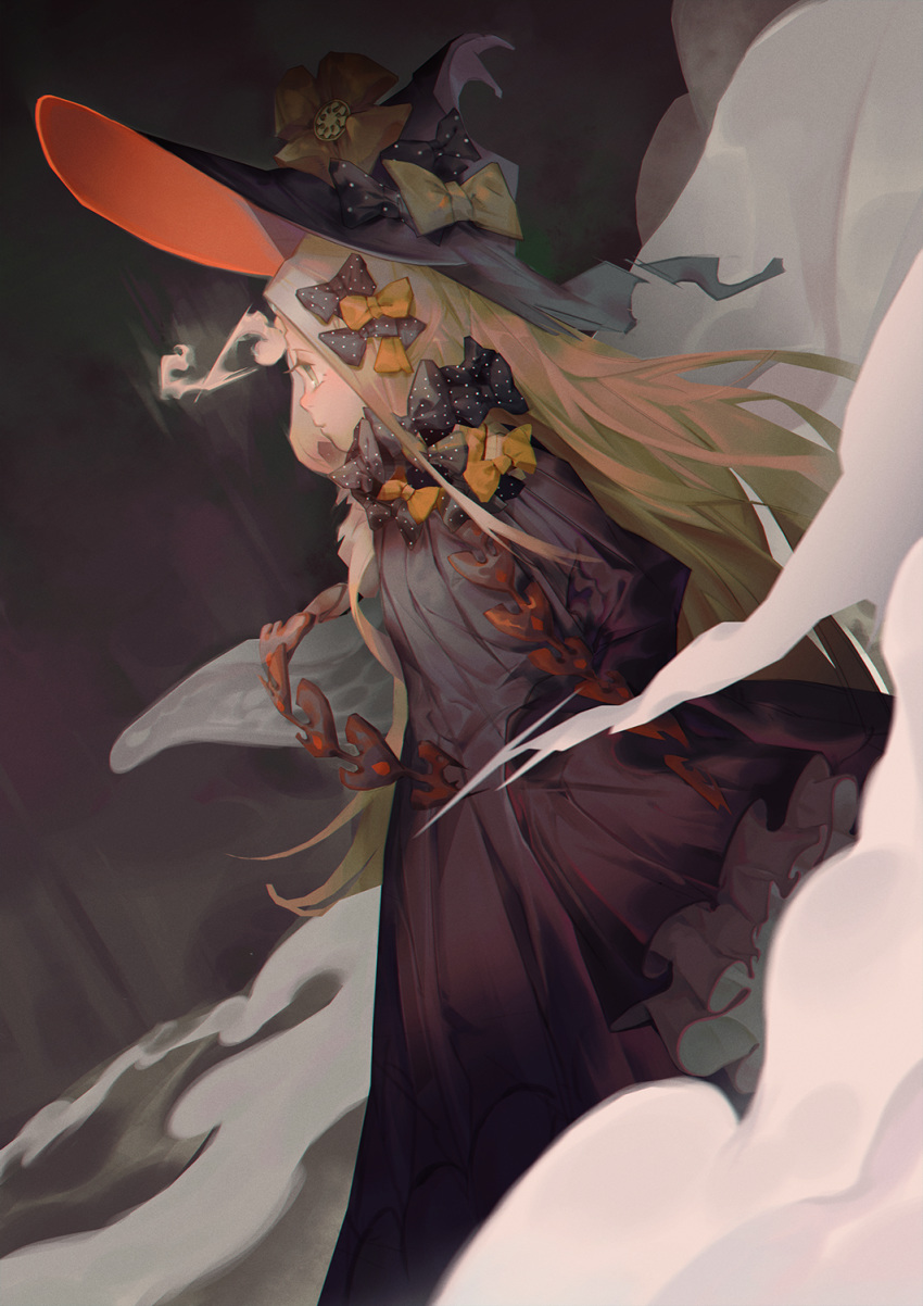 abigail_williams_(fate/grand_order) black_bow black_dress blonde_hair blue_eyes bow closed_mouth dress fate/grand_order fate_(series) from_side hair_bow hat hat_bow highres long_hair long_sleeves mao2_(lastnightgoodnight) orange_bow polka_dot polka_dot_bow profile sleeves_past_fingers sleeves_past_wrists solo straight_hair witch_hat
