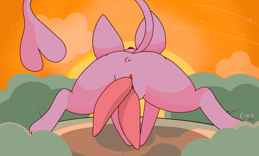 2018 animal_genitalia animal_penis butt c1-11131 chibi_(c1-11131) digital_drawing_(artwork) digital_media_(artwork) eeveelution erection espeon feral hemipenes male multi_penis nintendo penis pok&eacute;mon pok&eacute;mon_(species) presenting presenting_hindquarters running simple_background solo video_games