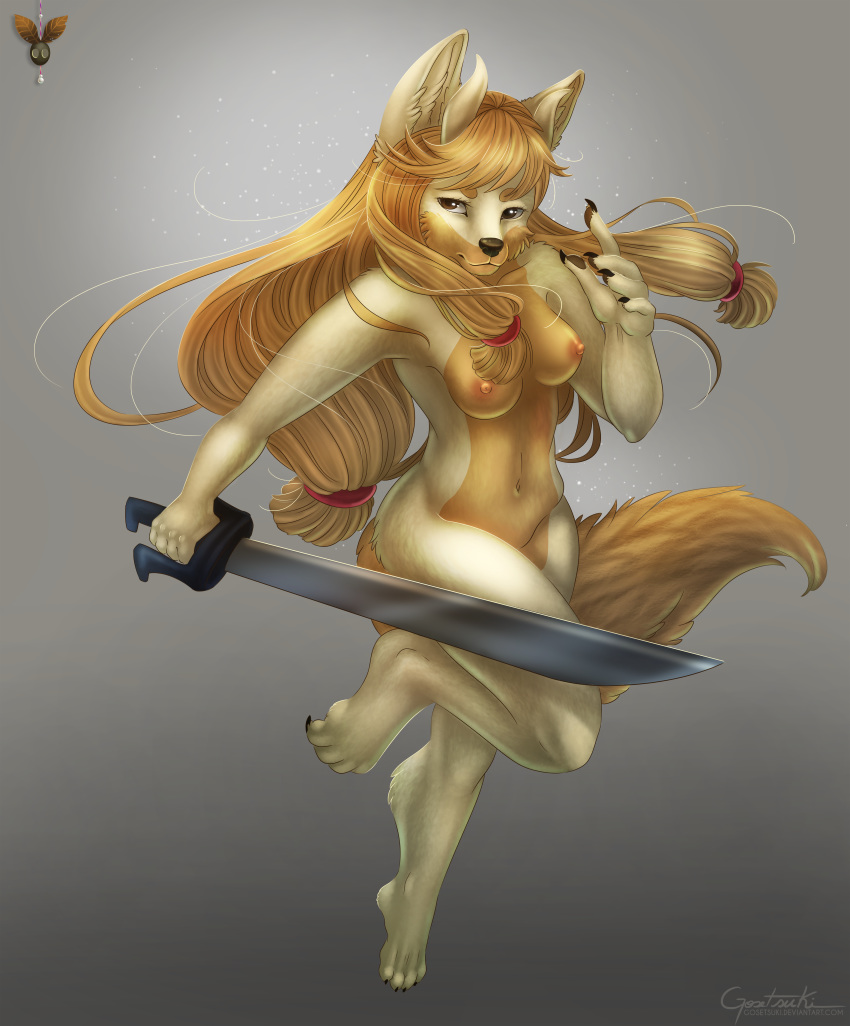 2018 absurd_res amber_eyes anthro black_nose breasts brown_fur brown_hair canine claws digital_media_(artwork) dog feline female fur gosetsuki hair hi_res holding_object holding_weapon horn hybrid long_hair looking_at_viewer mammal melee_weapon melissa(hipcat) nipples nude simple_background smile solo standing sword toe_claws toes weapon