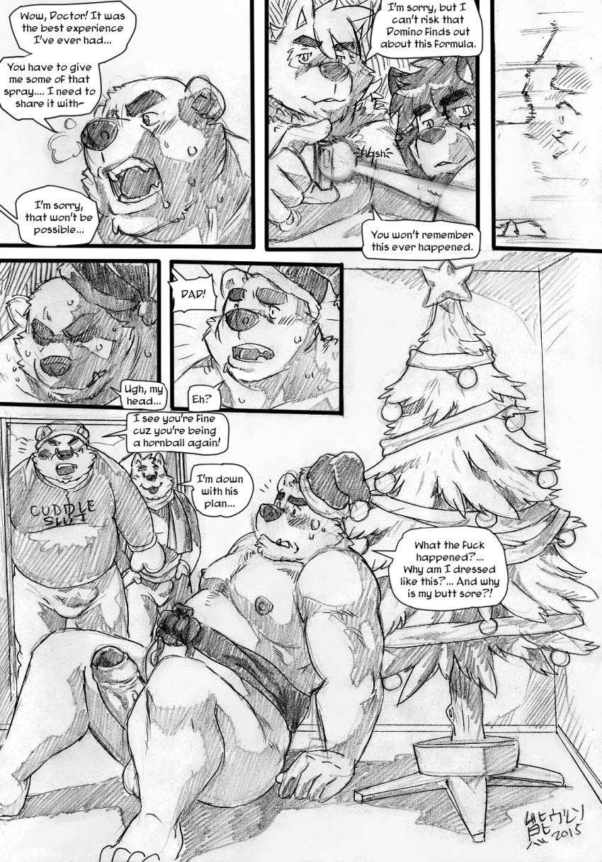 2015 4_toes 5_fingers amnesia anthro balls bear belly biceps bulge canine chocofox_colin christmas christmas_tree clothed clothing comic dialogue english_text erection father father_and_son fox greyscale group hat hat_only holidays humanoid_penis male mammal markwulfgar memory_erase mittens monochrome mostly_nude muscular muscular_male nipples overweight overweight_male parent pecs penis rackun_(character) ribbons santa_hat sitting son speech_bubble sweat sweater text toes tree uncut wolf