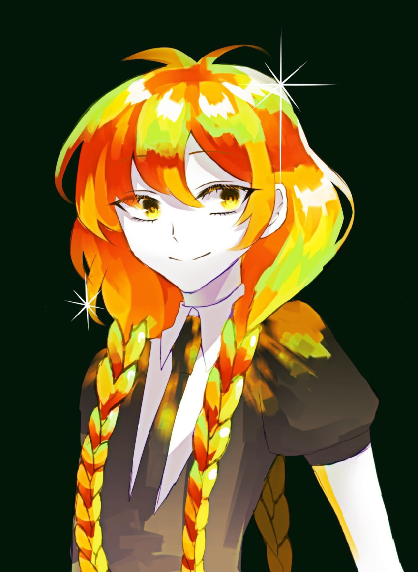 1other androgynous braid crystal_hair dark_background eyebrows_visible_through_hair gem_uniform_(houseki_no_kuni) green_hair highres houseki_no_kuni long_hair looking_at_viewer multicolored_hair multiple_braids necktie orange_eyes orange_hair smile solo sparkle sphene_(houseki_no_kuni) upper_body white_skin yellow_eyes