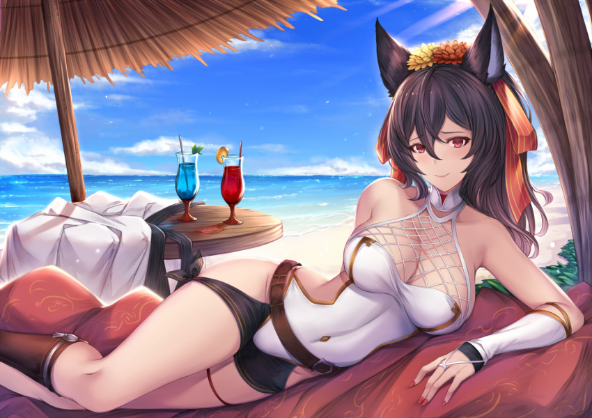 animal_ears asymmetrical_legwear bangs bare_shoulders beach bikini blue_sky blush breasts brown_flower brown_hair brown_legwear cleavage closed_mouth cloud collarbone commentary_request cup day drink drinking_glass drinking_straw erune eyebrows_visible_through_hair fingernails flower granblue_fantasy groin hair_between_eyes hair_flower hair_ornament horizon ilsa_(granblue_fantasy) kneehighs large_breasts long_hair looking_at_viewer lying nail_polish ocean on_side outdoors pak_ce red_eyes red_nails sand single_kneehigh sky smile solo swimsuit water white_bikini yellow_footwear