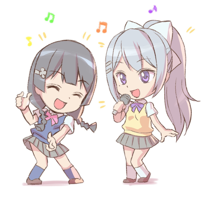 air_guitar black_hair braid closed_eyes commentary_request g-tetsu hair_ornament hairclip highres higuchi_kaede holding holding_microphone microphone multiple_girls music musical_note nijisanji pleated_skirt ponytail purple_eyes school_uniform short_sleeves silver_hair singing skirt smile sweater_vest tsukino_mito twin_braids virtual_youtuber white_background
