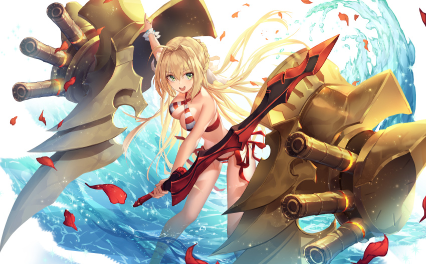 :d absurdres aestus_estus ahoge bangs bikini blonde_hair blush braid breasts cleavage criss-cross_halter day eyebrows_visible_through_hair fate/grand_order fate_(series) floating_hair godoju green_eyes hair_intakes hair_ribbon halterneck highres holding holding_sword holding_weapon large_breasts leaning_forward light_particles long_hair looking_at_viewer machinery medium_breasts nero_claudius_(fate)_(all) nero_claudius_(swimsuit_caster)_(fate) open_mouth outdoors petals ribbon sidelocks smile solo splashing striped striped_bikini swimsuit sword thighs very_long_hair wading water weapon wind wind_lift