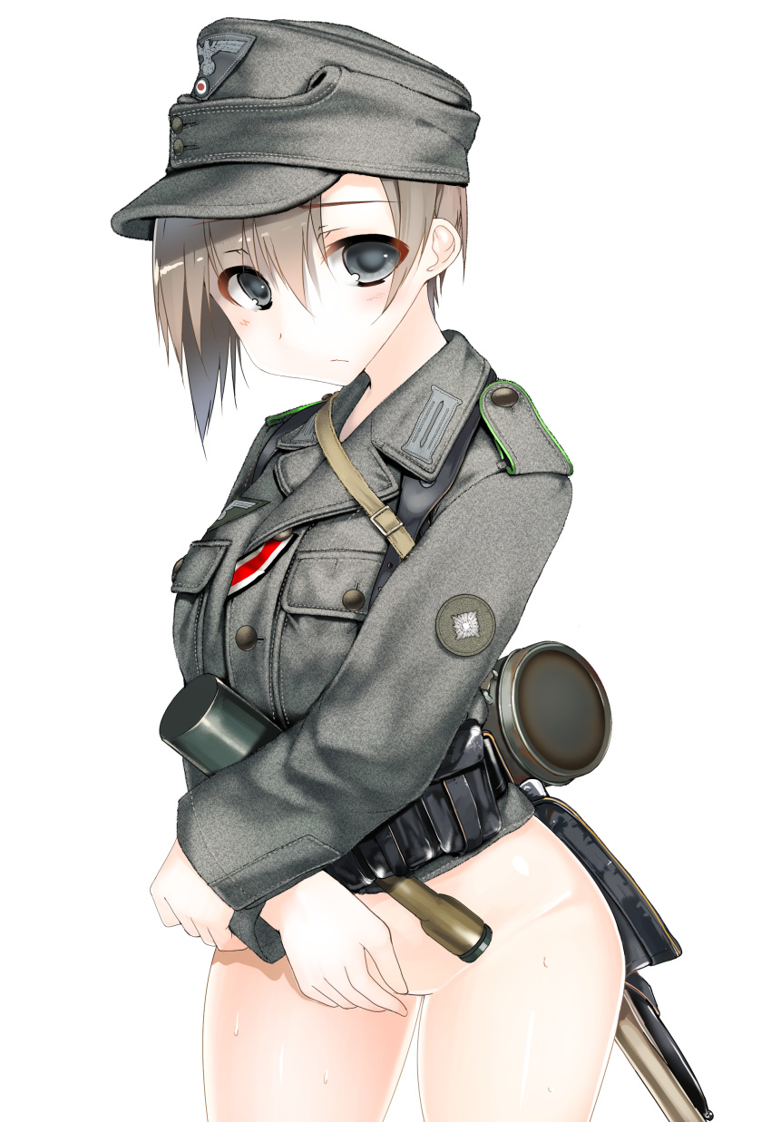 absurdres asymmetrical_hair black_eyes bottomless entrenching_tool explosive germany grenade hat highres looking_at_viewer military military_hat military_uniform original samazuka_mashiro short_hair silver_hair solo stielhandgranate uniform wehrmacht white_background world_war_ii