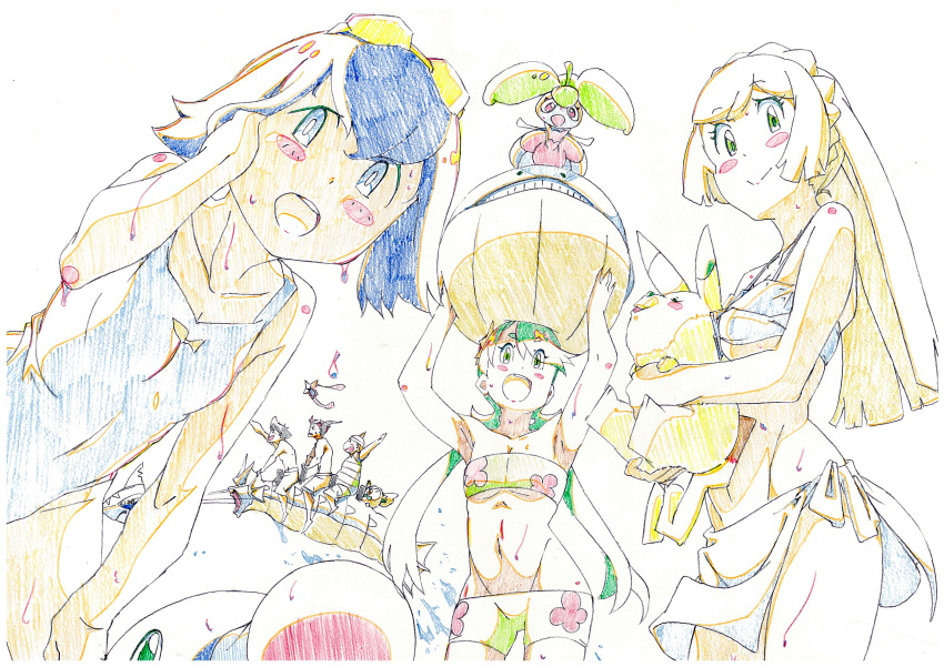 3girls absurdres bikini blue_eyes blue_hair blush_stickers breasts colored_pencil_(medium) commentary_request goggles graphite_(medium) green_eyes green_hair haisaihaisai highres kaki_(pokemon) lillie_(pokemon) mamane_(pokemon) mao_(pokemon) mega_gyarados multiple_boys multiple_girls pikachu pokemon pokemon_(anime) pokemon_sm_(anime) popplio rotom rotom_dex rowlet satoshi_(pokemon) sharpedo steenee suiren_(pokemon) swimsuit traditional_media underboob wailmer