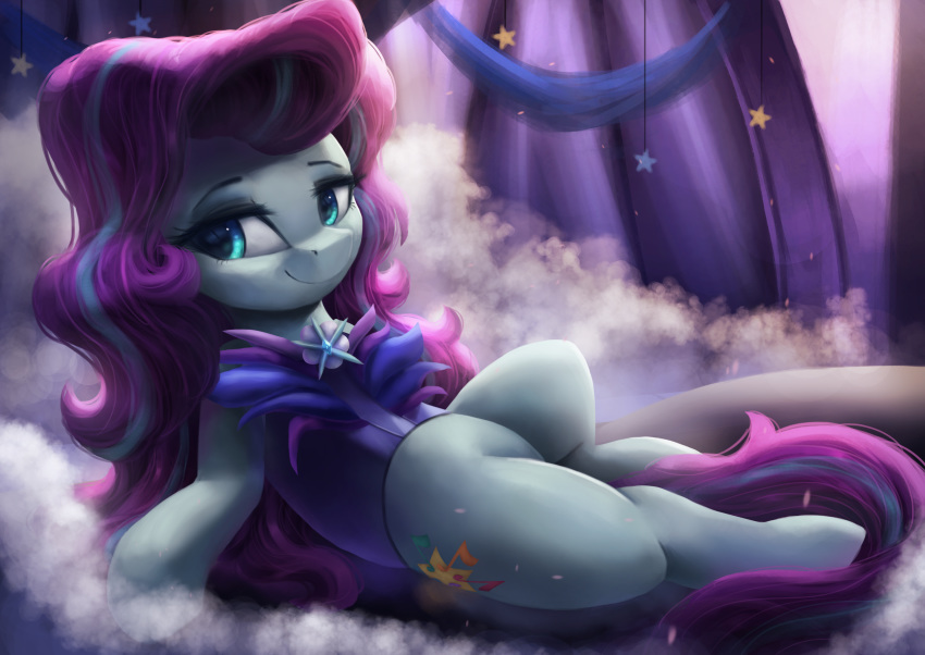 2018 absurd_res blue_eyes bottomless clothed clothing coloratura_(mlp) cute cutie_mark detailed_background earth_pony equine eyebrows eyelashes female feral friendship_is_magic hair hi_res hooves horse long_hair lying mammal multicolored_hair my_little_pony outside pony portrait purple_hair smile smoke solo stage star two_tone_hair vanillaghosties