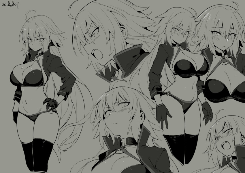 ahoge bikini breasts character_sheet fate/grand_order fate_(series) gloves jeanne_d'arc_(alter_swimsuit_berserker) jeanne_d'arc_(fate)_(all) large_breasts long_hair shrug shrug_(clothing) swimsuit thighhighs try