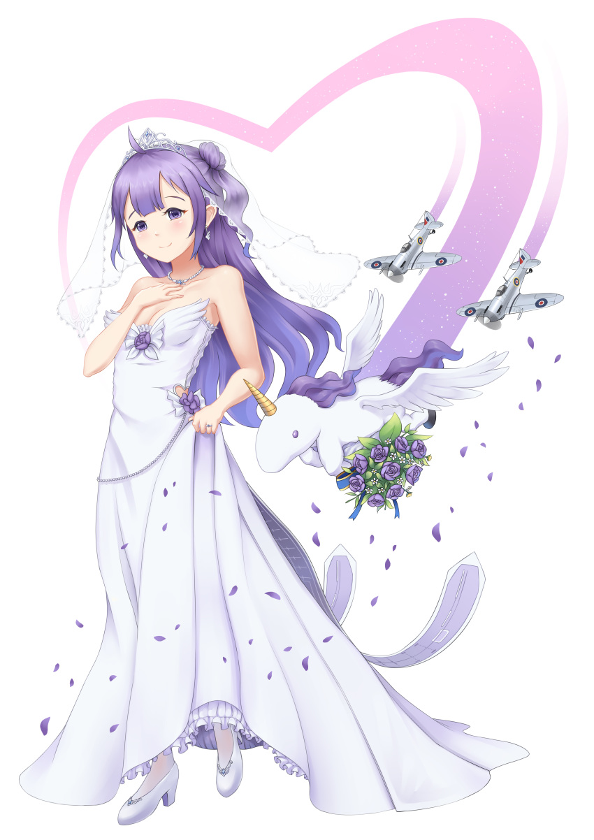 absurdres aircraft airplane alicorn animal azur_lane bare_arms bare_shoulders blurry blush bouquet breasts bridal_veil cleavage closed_mouth commentary depth_of_field dress english_commentary fingernails flower flying hair_bun hand_on_own_chest hand_up head_tilt heart high_heels highres intelman jewelry long_hair medium_breasts necklace one_side_up petals pleated_dress purple_eyes purple_flower purple_hair purple_rose ring rose see-through shoes side_bun skirt_hold smile solo strapless strapless_dress tiara unicorn_(azur_lane) veil very_long_hair wedding_band white_background white_dress white_footwear