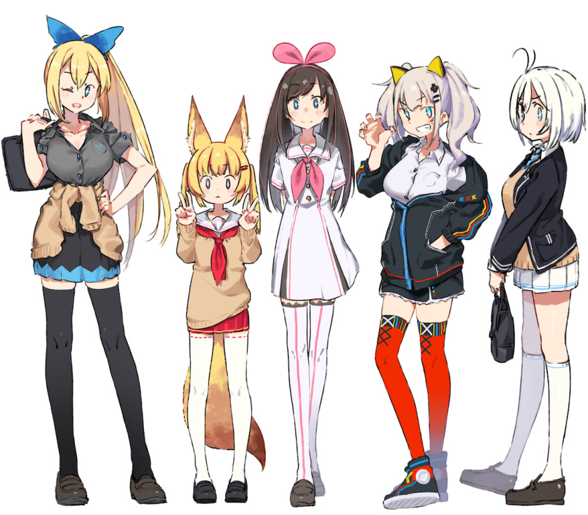 a.i._channel animal_ears antenna_hair bag bangs black_footwear black_jacket black_legwear black_shirt black_skirt blazer blonde_hair blue_eyes blue_ribbon boots breasts brown_cardigan brown_footwear brown_hair brown_sweater cardigan_around_waist claw_pose clothes_around_waist collarbone collared_shirt crossover dennou_shoujo_youtuber_shiro double_v dress dress_shirt eyebrows_visible_through_hair fox_ears fox_girl fox_tail full_body grin hair_between_eyes hair_ornament hair_ribbon hairclip hand_in_pocket hand_on_hip hands_up high_ponytail holding holding_bag jacket kaguya_luna kaguya_luna_(character) kei_(soundcross) kemomimi_oukoku_kokuei_housou kizuna_ai lineup loafers long_hair long_sleeves medium_breasts mikoko_(kemomimi_oukoku_kokuei_housou) mirai_akari mirai_akari_project multicolored_hair multiple_crossover multiple_girls neckerchief open_blazer open_clothes open_jacket pink_hair pink_neckwear pink_ribbon pleated_dress pleated_skirt ponytail red_legwear red_neckwear red_skirt ribbon ribbon-trimmed_legwear ribbon_trim sailor_collar school_bag shiro_(dennou_shoujo_youtuber_shiro) shirt shoes short_sleeves silver_hair skirt sleeves_past_wrists smile standing streaked_hair sweater sweater_around_waist tail thighhighs twintails v v-shaped_eyebrows very_long_hair virtual_youtuber white_background white_dress white_legwear white_sailor_collar white_shirt white_skirt