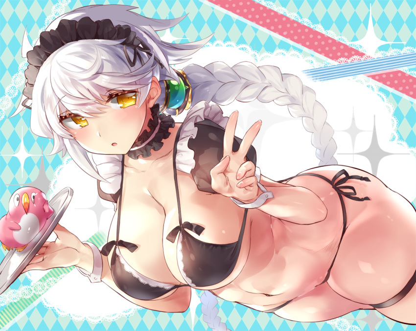 alternate_costume ass asymmetrical_hair bangs bikini black_bikini blue_background blush braid breasts cleavage collar collarbone commentary_request enmaided eyebrows_visible_through_hair hair_between_eyes jitome kantai_collection large_breasts long_hair looking_at_viewer maid maid_headdress navel open_mouth puffy_short_sleeves puffy_sleeves short_sleeves silver_hair single_braid skindentation solo swimsuit thigh_strap thighs underboob unryuu_(kantai_collection) v very_long_hair wavy_hair yamaarashi yellow_eyes