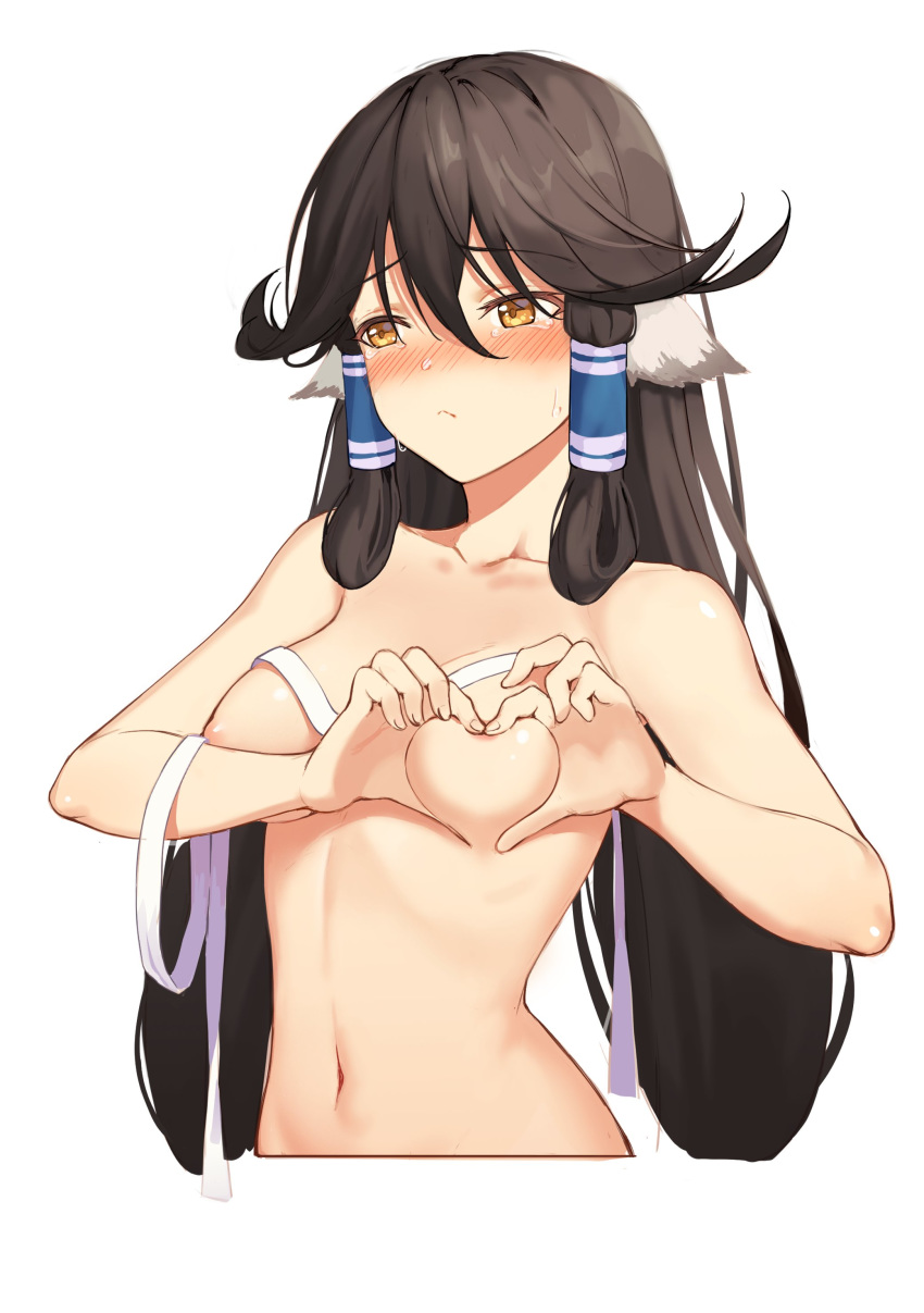 absurdres animal_ears areola_slip areolae aruruw bandages blush breasts brown_hair collarbone cropped_torso crying crying_with_eyes_open embarrassed eyebrows_visible_through_hair fingers_together hair_between_eyes hair_flaps hair_tubes heart-shaped_boob_challenge highres icarus_(632247131) long_hair looking_away medium_breasts navel nude older own_hands_together sidelocks simple_background solo tearing_up tears untied utawareru_mono utawareru_mono:_itsuwari_no_kamen white_background yellow_eyes