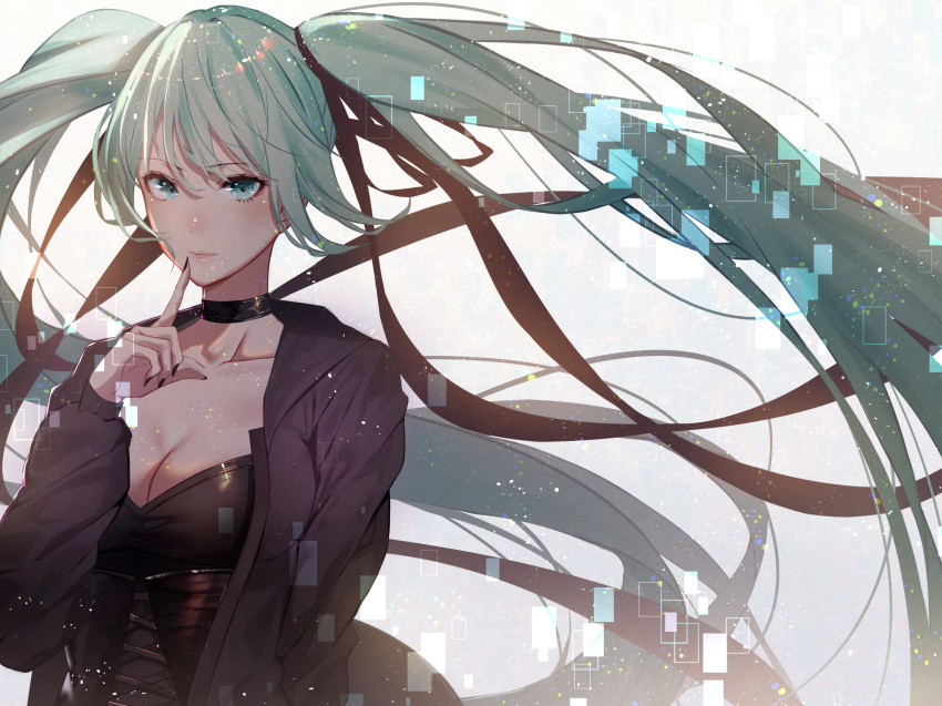 alternate_costume aqua_eyes aqua_hair breasts choker cleavage commentary_request eyebrows_visible_through_hair finger_to_mouth fingernails hatsune_miku highres kisui_(user_wswf3235) long_fingernails long_hair medium_breasts solo twintails upper_body vocaloid