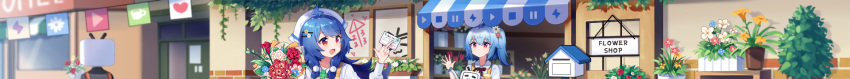 ahoge bili_girl_22 bili_girl_33 bilibili_douga blue_hair blush bouquet day eyebrows_visible_through_hair flower flower_shop hair_ornament hairclip highres holding holding_bouquet long_hair long_image looking_at_another multiple_girls official_art open_mouth outdoors plant potted_plant red_eyes sharlorc shop short_hair short_ponytail side_ponytail sign smile wide_image